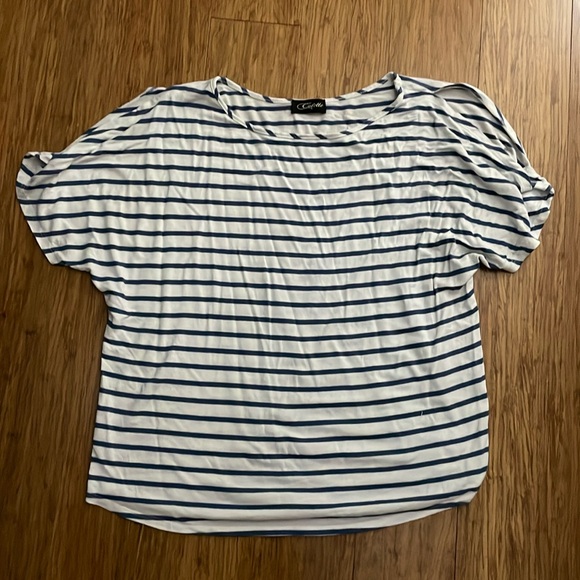 Colette Blue and White Cold Shoulder Striped Shirt - Picture 1 of 2